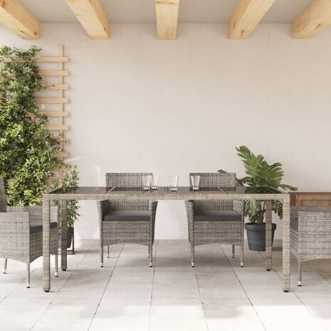 Tuintafel met glazen blad 190x90x75 cm poly rattan grijs 3