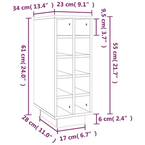 Wijnkast 23x34x61 cm massief grenenhout wit 8