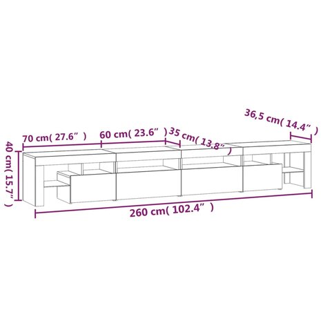 Tv-meubel met LED-verlichting 260x36,5x40 cm wit 12