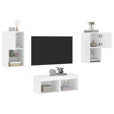 4-delige tv-wandmeubelset met LED-verlichting wit 1