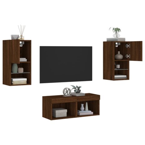 4-delige tv-wandmeubelset met LED-verlichting bruin eikenkleur 1