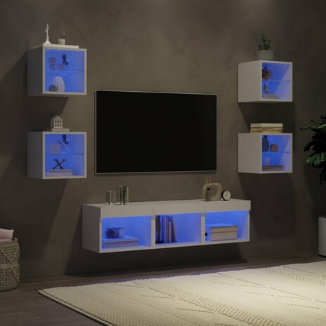 7-delige Tv-wandmeubelset met LED-verlichting bewerkt hout wit 1