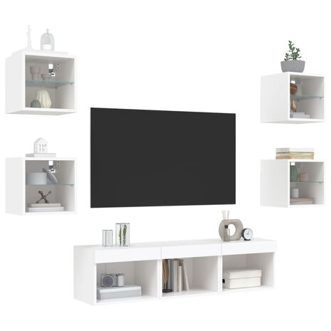 7-delige Tv-wandmeubelset met LED-verlichting bewerkt hout wit 4