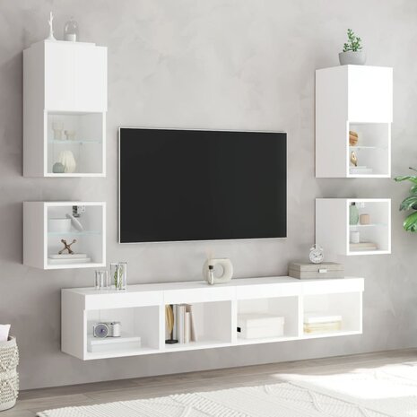 8-delige Tv-wandmeubelset met LED-verlichting bewerkt hout wit 3