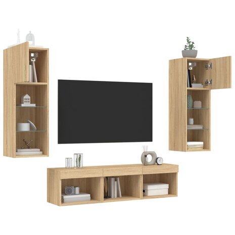 5-delige Tv-wandmeubelset met LED bewerkt hout sonoma eiken 4