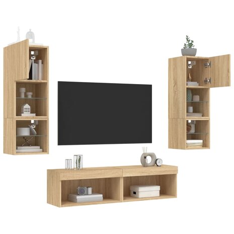 6-delige Tv-wandmeubelset met LED bewerkt hout sonoma eiken 4