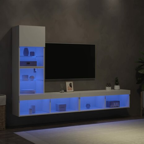 4-delige Tv-wandmeubelset met LED-verlichting bewerkt hout wit 4