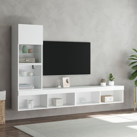 4-delige Tv-wandmeubelset met LED-verlichting bewerkt hout wit 5