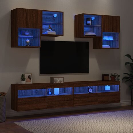 6-delige Tv-wandmeubelset met LED-verlichting bruin eikenkleur 4