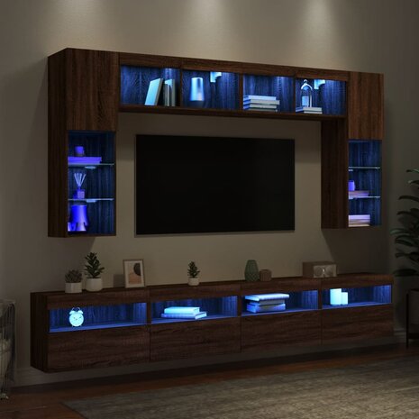 8-delige Tv-wandmeubelset met LED-verlichting bruin eikenkleur 4