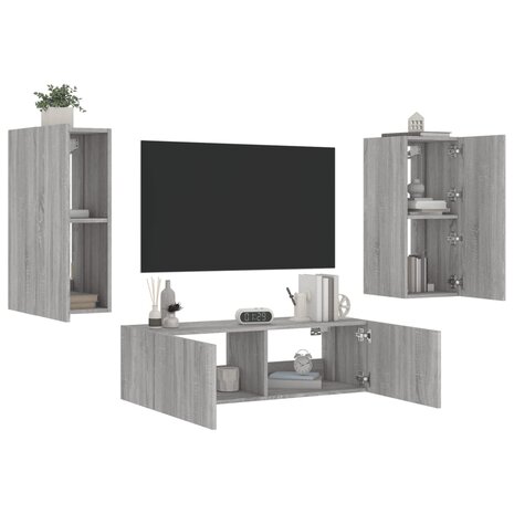 3-delige tv-wandmeubelset met LED-verlichting grijs sonoma 1