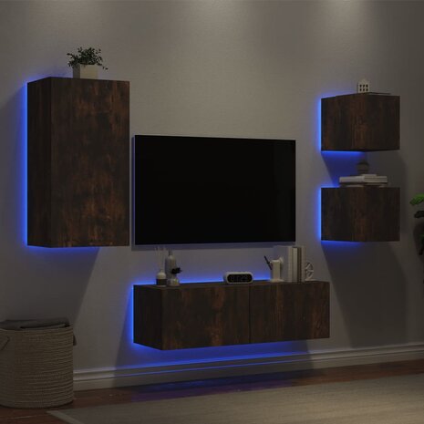 4-delige tv-wandmeubelset met LED-verlichting gerookt eiken 4