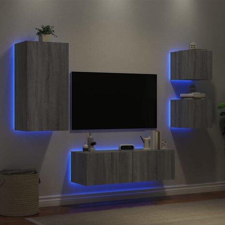 4-delige tv-wandmeubelset met LED-verlichting grijs sonoma 4