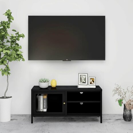 Tv-meubel 90x30x44 cm staal en glas zwart 1