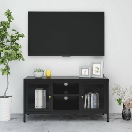 Tv-meubel 105x35x52 cm staal en glas zwart 1