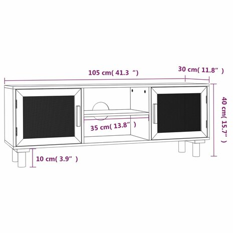 Tv-meubel 105x30x40 cm massief grenenhout en rattan zwart 8