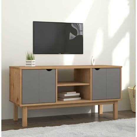 Tv-meubel OTTA 113,5x43x57 cm massief grenenhout bruin en grijs 1