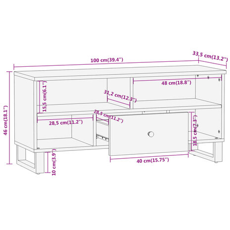 Tv-meubel 100x33,5x46 cm massief mangohout bruin en zwart 11