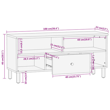 Tv-meubel 100x33x46 cm massief mangohout 10