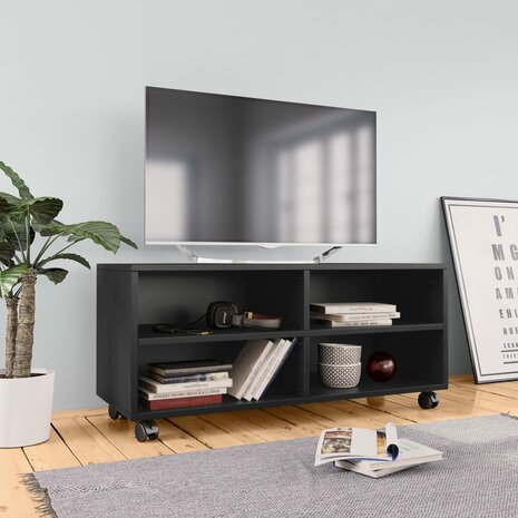 Tv-meubel met wieltjes 90x35x35 cm bewerkt hout zwart 1