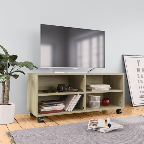 Tv-meubel met wieltjes 90x35x35 cm bewerkt hout sonoma eiken 1