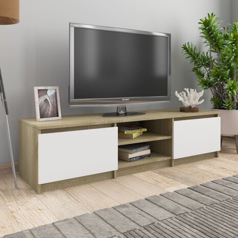 Tv-meubel 140x40x35,5cm bewerkt hout wit en sonoma eikenkleurig 1