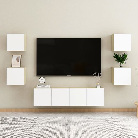 Tv-wandmeubelen 4 st 30,5x30x30 cm wit en sonoma eikenkleurig 5