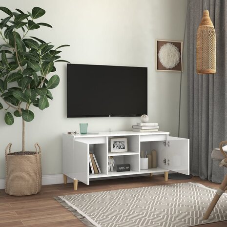 Tv-meubel met houten poten 103,5x35x50 cm hoogglans wit 3