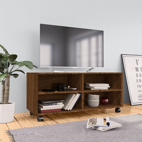 Tv-meubel met wieltjes 90x35x35 cm bewerkt hout bruin eikenkleur 1