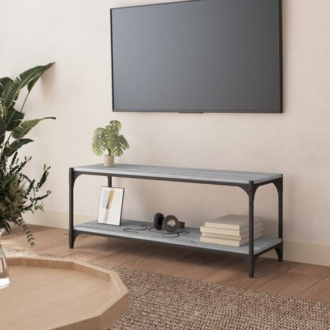 Tv-meubel 100x33x41 cm bewerkt hout en staal grijs sonoma eiken 1