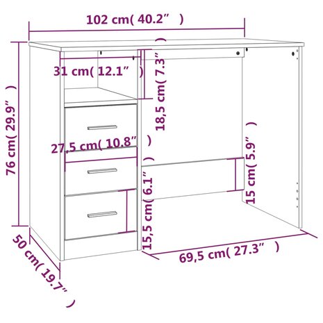 Bureau met lades 102x50x76 cm bewerkt hout grijs sonoma eiken 11