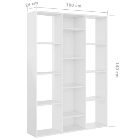 Kamerscherm/boekenkast 100x24x140 cm bewerkt hout hoogglans wit 7