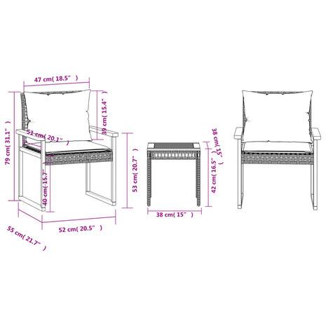 3-delige Bistroset en kussens poly rattan en hout gemengd beige 11