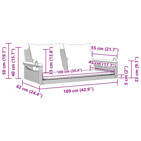 Schommelbank met kussens 109x62x40 cm poly rattan zwart 9