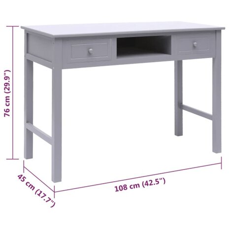 Bureau 108x45x76 cm massief paulowniahout grijs 9