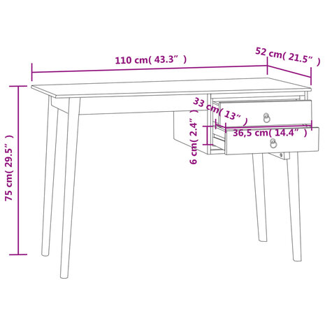 Bureau met 2 lades 110x52x75 cm massief teakhout 8