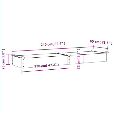 Plantenbak verhoogd met voering 240x60x25 cm massief vurenhout 8