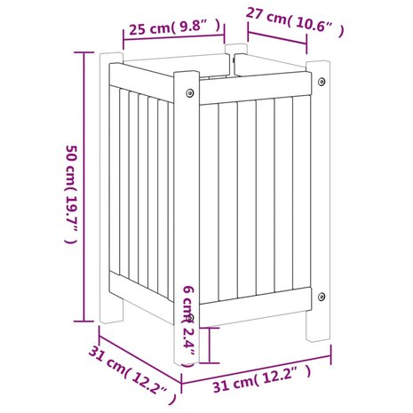 Plantenbak met voering 31x31x50 cm massief acaciahout 9