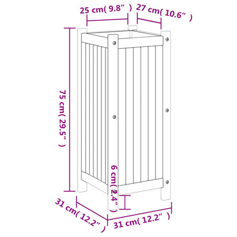 Plantenbak met voering 31x31x75 cm massief acaciahout 9