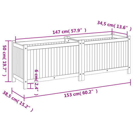 Plantenbak met voering 153x38,5x50 cm massief acaciahout 9