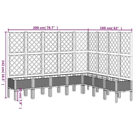 Plantenbak met latwerk 200x160x142 cm polypropeen lichtgrijs 9