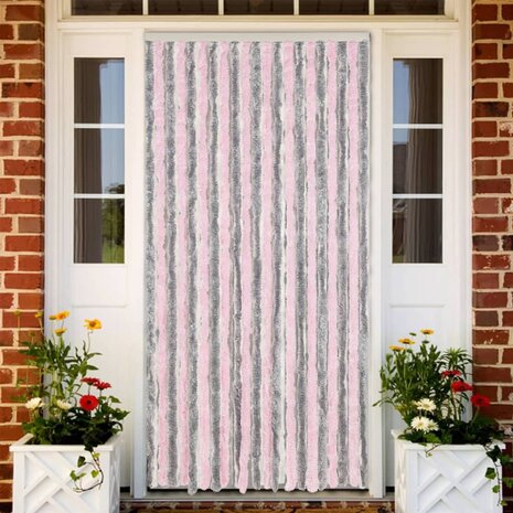 Vliegengordijn 56x185 cm chenille zilvergrijs en roze 1