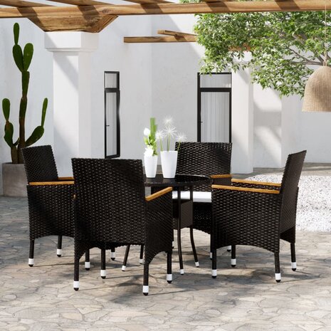 5-delige Bistroset poly rattan en gehard glas zwart 1