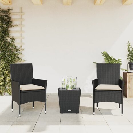 3-delige Bistroset met kussens poly rattan en glas zwart 1