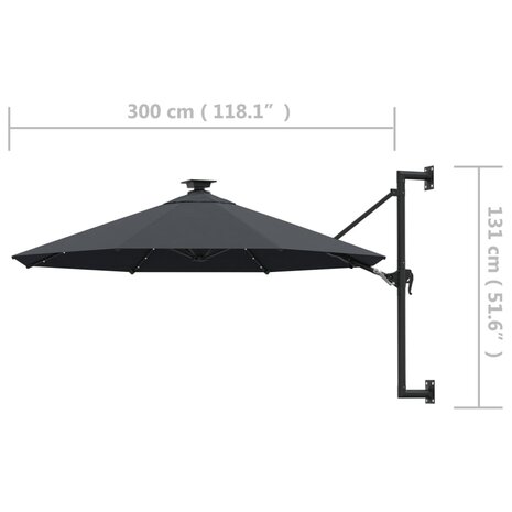 Wandparasol met LED&apos;s en metalen paal 300 cm antracietkleurig 9