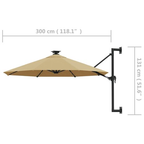 Wandparasol met LED&apos;s en metalen paal 300 cm taupe 9