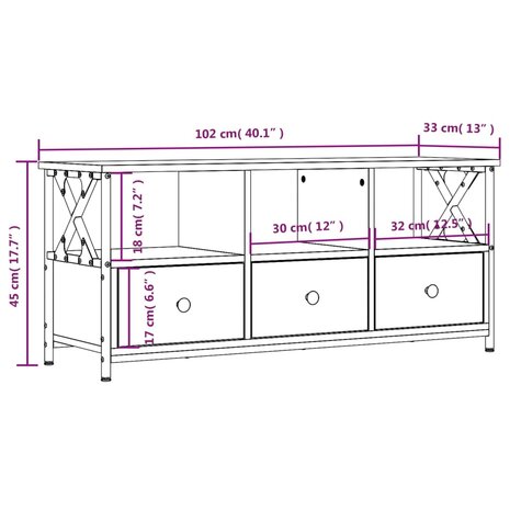 Tv-meubel 102x33x45 cm bewerkt hout en ijzer bruin eikenkleur 11