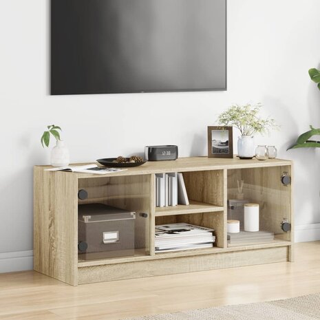 Tv-meubel met glazen deuren 102x37x42 cm sonoma eikenkleurig 3