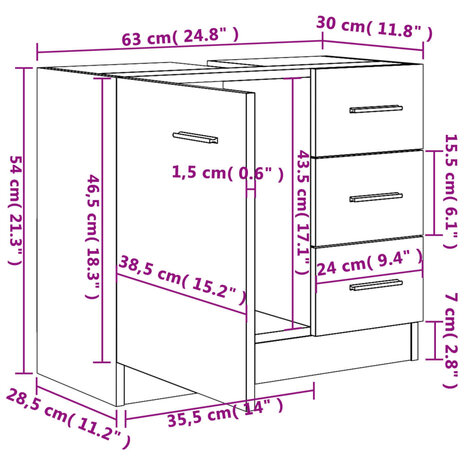 Wastafelkast 63x30x54 cm bewerkt hout hoogglans wit 8