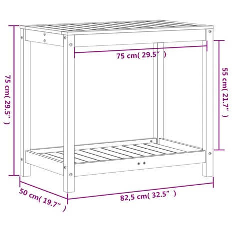 Oppottafel met schap 82,5x50x75 cm massief grenenhout wit 10